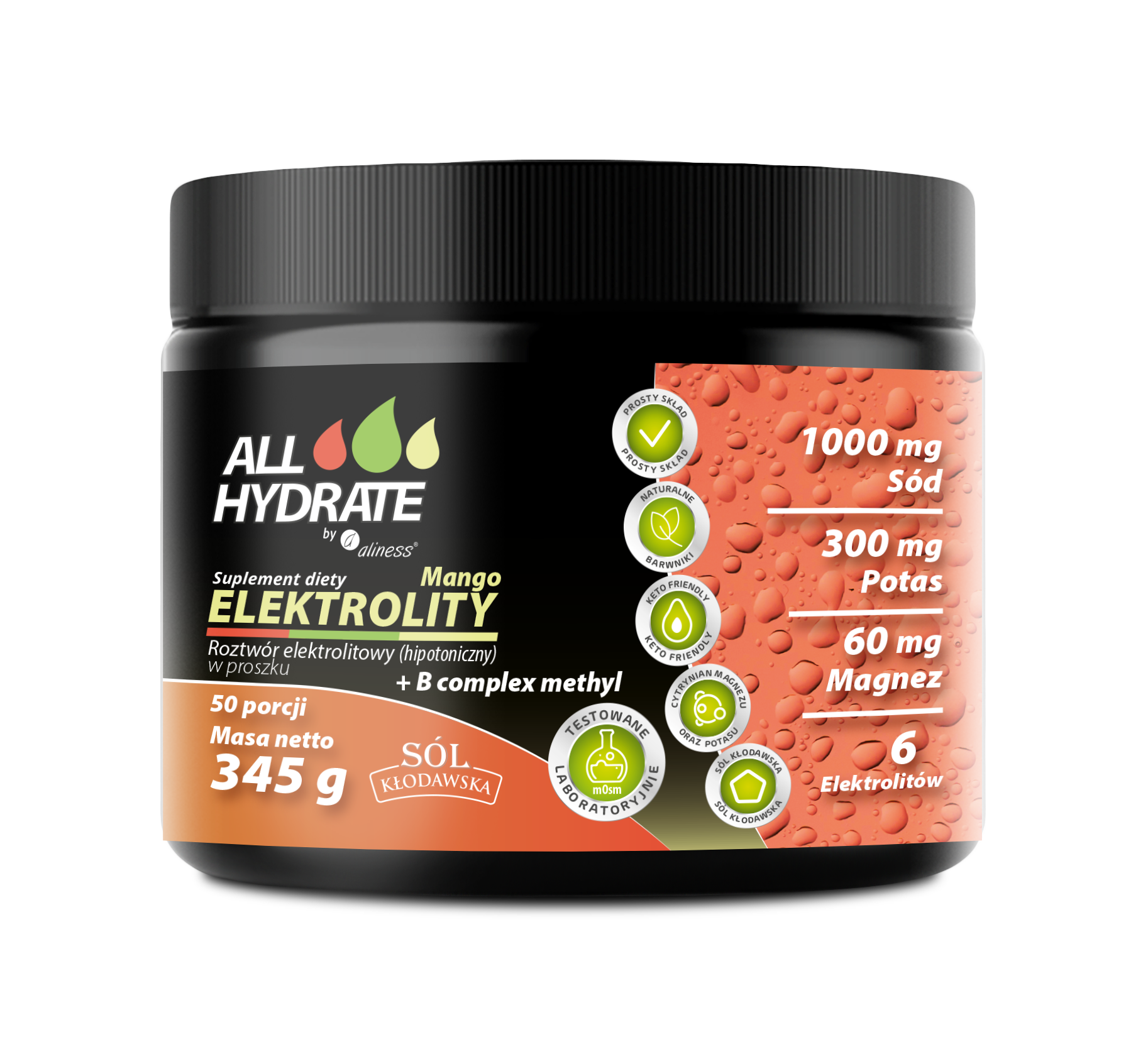 ALLHydrate, Elektrolity Mango + B complex methyl 345g, 50 porcji